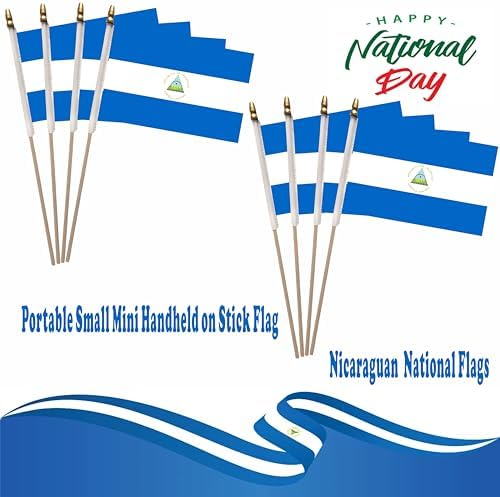 NJ & NJBW 20 Pack Small Mini Nicaragua Flag on Wooden Stick - 5 x 8inch Miniature Portable Handheld Pole Nicaraguan Flags Decorations