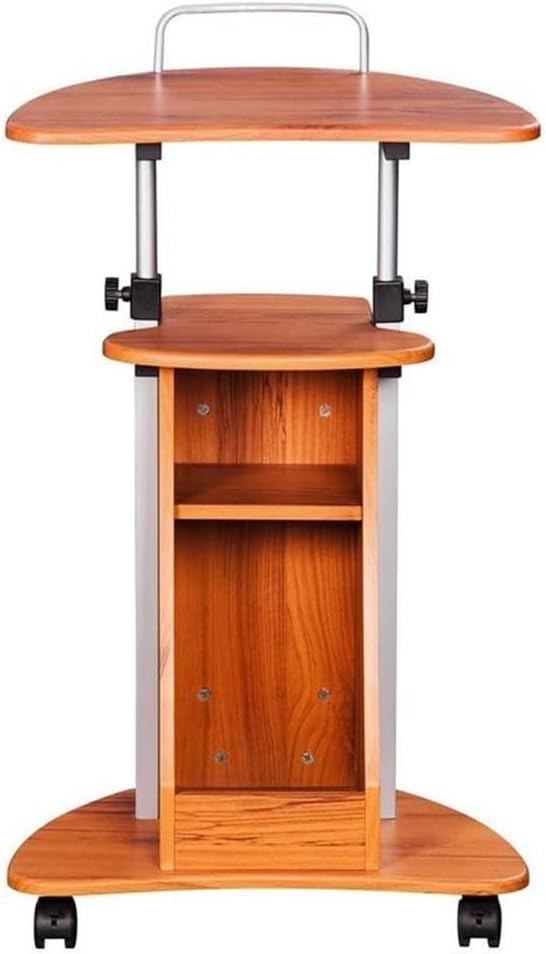 Pemberly Row Sit-to-Stand Rolling Laptop Cart, Adjustable Height 28-46 in, Wood Grain Finish MDF Panels, Open Storage with Accessory Shelf