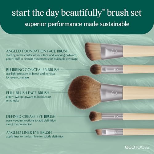 EcoTools 6 Piece Start the Day Beautifully Makeup Brush Set | Natural face and eye look, makeup brush kit for liquid cream or powder
