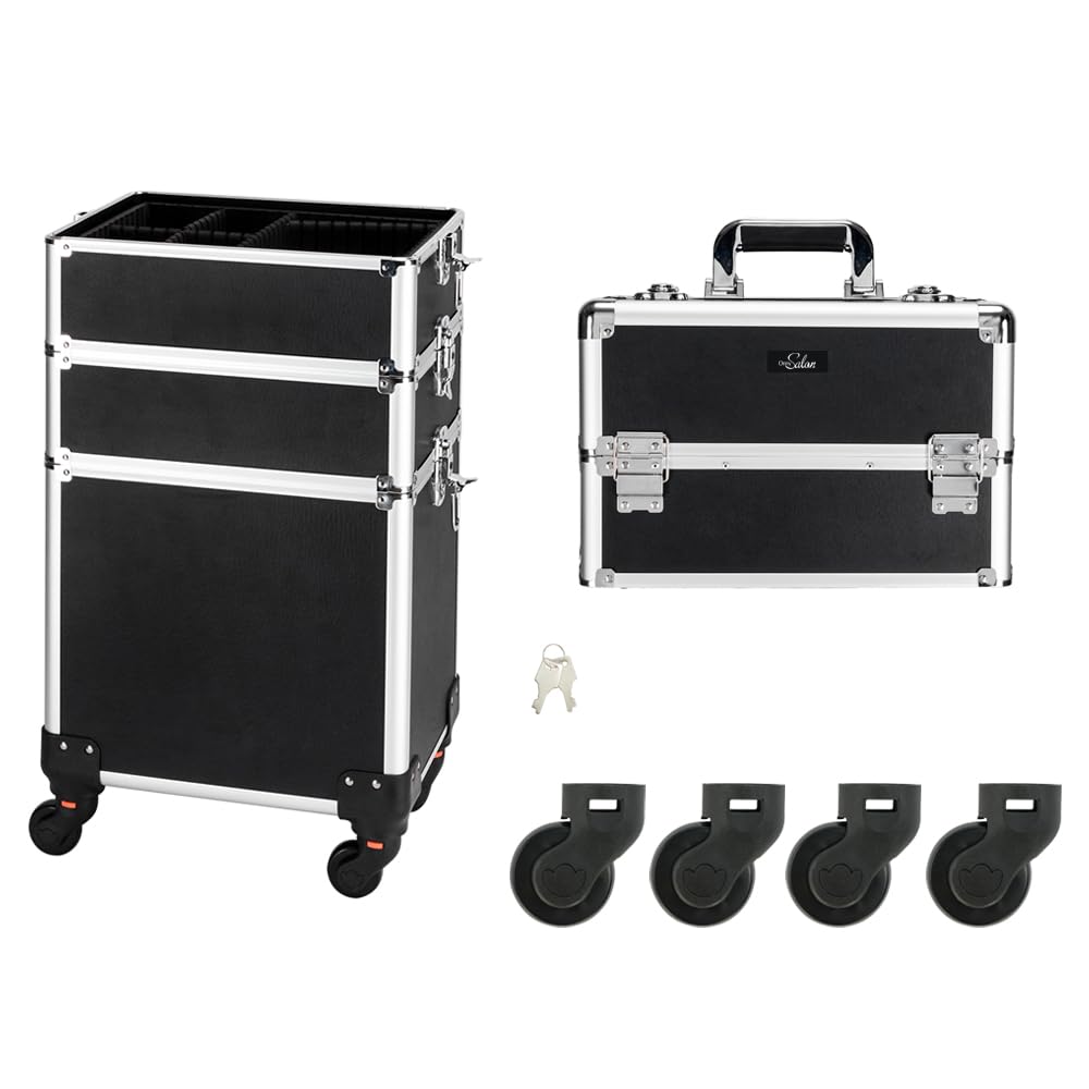mefeir 4 in 1 Rolling Makeup Train Case, Aluminum Makeup Travel Organizer Cosmetic Case, Cosmetology Display Suitcase on Wheels, Beauty Storage Luggage Lockable w/4 Removable Wheels (Black)