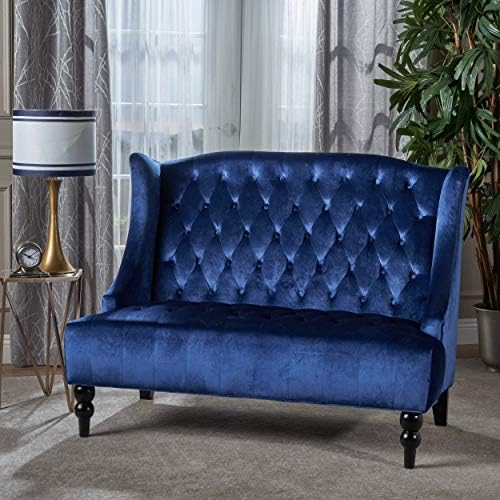 GDFStudio Modern Glam Tufted Velvet Wingback Loveseat, Navy Blue and Dark Brown
