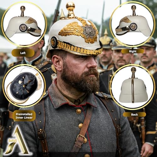 AnNafi® White German Pickelhaube Helmet | Leather Pickelhauben Imperial Prussian Helmets | Brass Military Officer Round Top Men’s Costume | WWI &