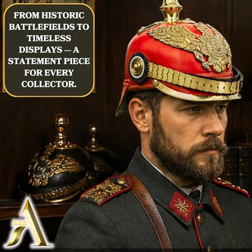 AnNafi Red German Pickelhaube Helmet, Leather Pickelhauben Imperial Prussian Helmet, Brass Military Officer Spiked Men’s Costume