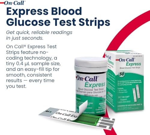 Blood Glucose Test Strips for Diabetes by On-Call Express, 50 Count, No Coding Needed, Quick Read in Seconds, Accurate Diabetic Blood Sugar Testing