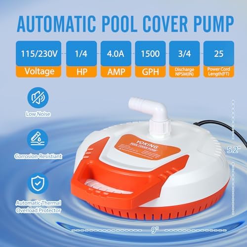 YOKING Automatic Pool Cover Pump, 1/4 HP 1500GPH Swimming Pool Submersible Water Sump Pump