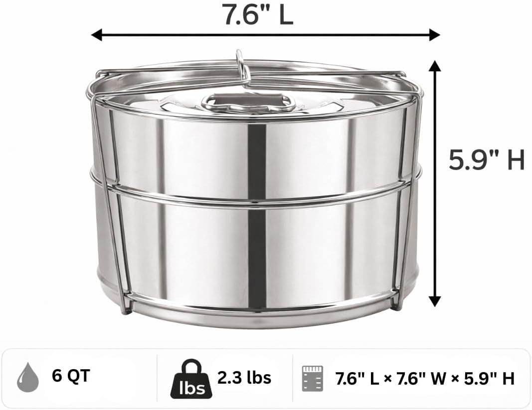 Stackable Stainless Steel Insert Pans - Inserts for Instant Pot - Pan for Instapot - Accessories for Instant Pot- FITS 6 QT and Above - Single Size - Pressure Cooker Steamer Pan Accessories