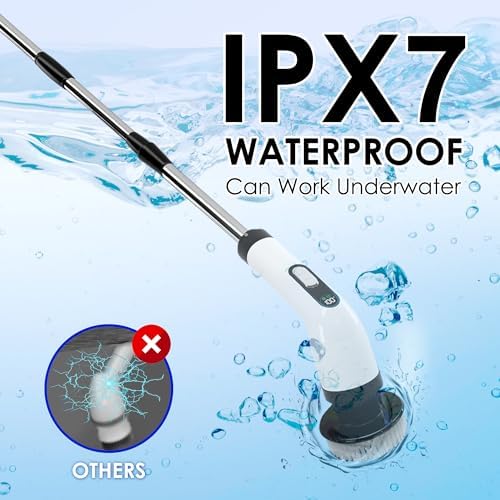 Electric Spin Scrubber for Cleaning, Cordless Power Scrubber with Long Handle, 10 Replaceable Brush Heads, 2-Speed, IPX7 Waterproof for Bathroom