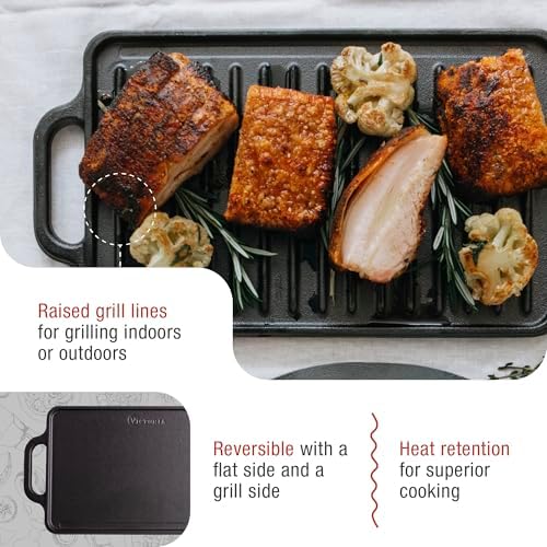 Victoria Rectangular Cast Iron Griddle. Double Burner Griddle, Reversible Grill, 13 x 8.5 Inch, Seasoned with 100% Kosher Certified Non-GMO Flaxseed Oil, Model: GDL-189