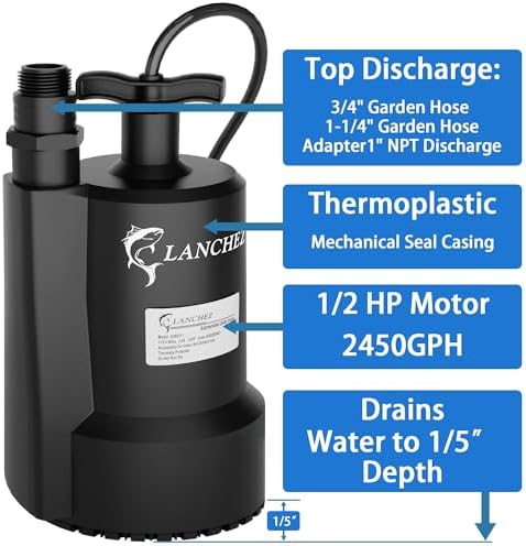 Lanchez Sump Pump, 1/2 HP 2450GPH Submersible Water Pump