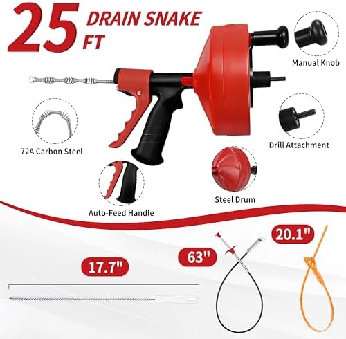 Drain Snake 25 Ft with Drill Attachment, Auto Feed 1/4 Inch Plumbing Snake for Sink, Shower & Tub Clogs, Manual or Drill-Powered Drain Auger, with Gloves, Safety Glasses & Storage Bag