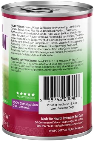 Health Extension Lamb Entrée Wet Dog Food, 12.5 oz – Protein-Rich Recipe, Hydration Support, Ideal for Sensitive Stomachs (Case of 12 Cans)