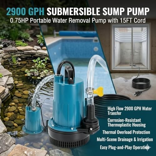 0.75HP 2900 GPH Sump Pump Electric Submersible Portable Utility Water Removal Transfer Pump for Swimming Pool Garden Pond Tubs Basement Window Wells