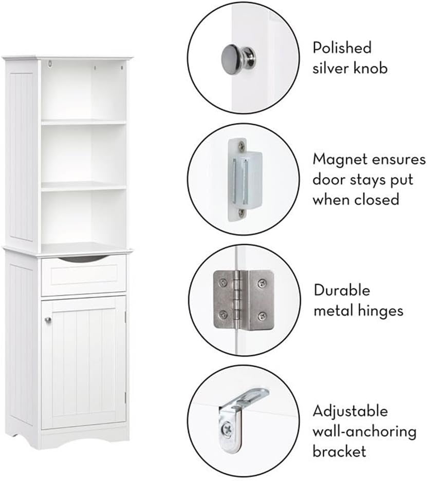 RiverRidge, White Ashland Bathroom Freestanding Storage Cabinet with Three Open Shelves and Drawer