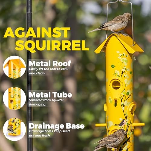 Kingsyard Metal Bird Feeders for Outdoors Hanging, Tube Bird Feeder | 14 in, 6 Feeding Ports, drainage holes, 2 lbs Seed Capacity, Weatherproof, Stays Dry & Fresh, Easy to Clean & Refill, Yellow
