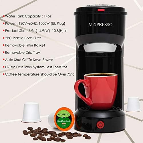 Mixpresso Single Serve Coffee Maker K Cup Coffee Maker for K Pods & Grounds | Compact 800W White Coffee Machine with 14 Oz Water Tank, Fast Brew & Auto Shut-Off, Small Design for Travel RV, Office& Dorm