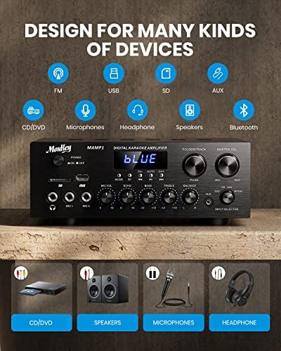 Moukey Stereo Receivers with Bluetooth 5.0, 2.0 Channel Power Audio Amplifier Stereo System w/USB, SD, AUX, RCA, MIC in w/Echo, LED for Karaoke