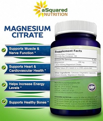 aSquared Nutrition Magnesium Citrate 833mg Supplement - 200 Capsules - Max Strength Vegan Mag Citrate Powder Pills to Support Pure Function of Muscles