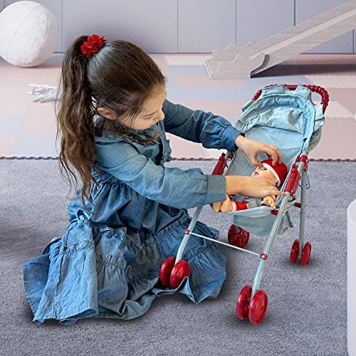 The New York Doll Collection My First Doll Stroller with Basket & Heart Design Foldable Doll Stroller, Pink