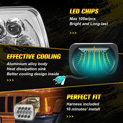 SPL DOT Approved 105W Brightest Black 5x7 7x6 Projector Led Headlights Anti-glare Hi/Low Sealed Beam H6054 H5054 with DRL Compatible with Jeep Wrangler YJ Cherokee XJ Ford Chevy GMC Toyota etc