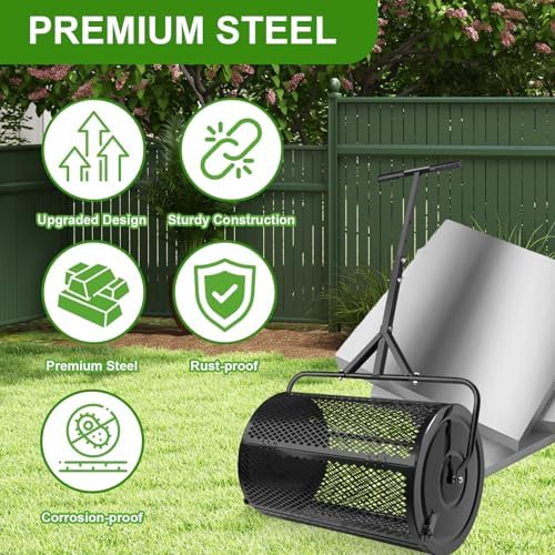 MAKEATREE 24 Inch Compost Spreader and Peat Moss Spreader, Lawn Roller for Spreading Top Soil Manure Dirt, Black