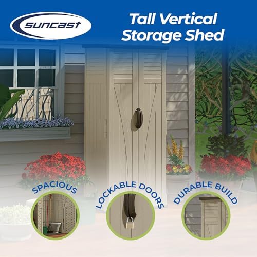 Suncast Vertical Shed, Compact Outdoor Storage System, 22 Cu. Ft. Capacity, Sand & Mustang - Lockable Multi-Wall Resin Organizer for Long-Handle Tools