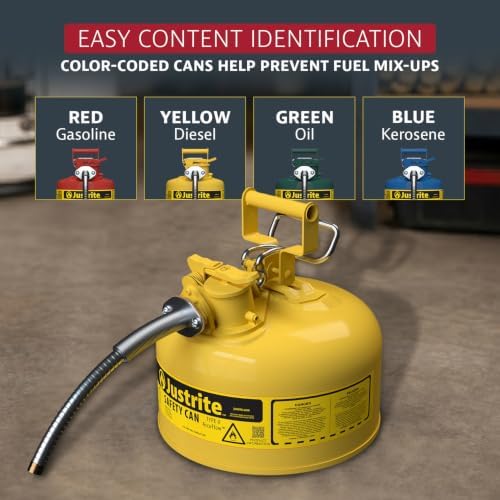 Justrite Type II Diesel Fuel Can, Yellow Galvanized Steel, FM Approved | Flammable Liquid Storage Can with Controlled Pouring, 2 Gallon Capacity