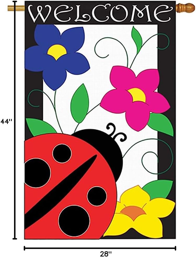 Two Group - Spring Ladybug Garden Friends - Everyday Bugs & Frogs Applique Decorative Vertical House Flag 28" x 44"