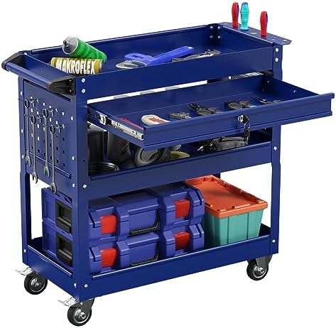 3-Tier Heavy Duty Utility Cart on Wheels, Rolling Tool Cart on Wheels with a Drawer, 350 Lbs Load Capacity Service Cart for Warehous, Garage and Repair Shop (Black)