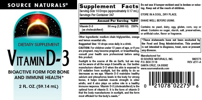 Source Naturals Vitamin D-3 Liquid Drops 2000 iu Supports Bone & Immune Health - 4 Fluid oz | Bioactive Form For Bone And Immune Health*
