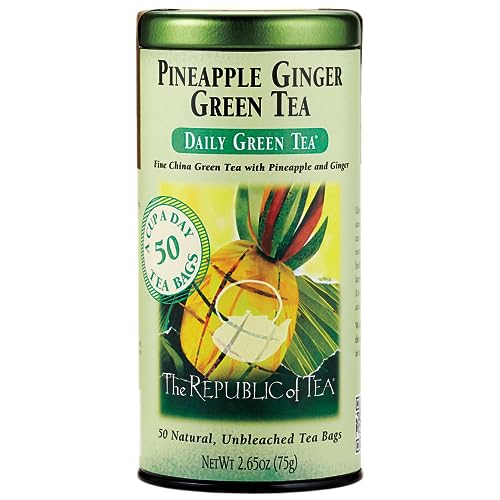 The Republic of Tea Daily Green Pineapple Ginger Green Tea, 50 Ct | Low Caffeine. A gentle cup for everyday. Fresh and lightly vegetal with notes of warming spice and juicy fruit. Gluten Free.