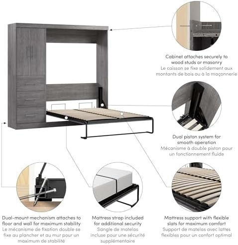 Bestar Nebula Full Murphy Bed with Wardrobe (84W) in Bark Gray, Sleeping Arrangement and Closet Organizer for Multipurpose Room | Wardrobe