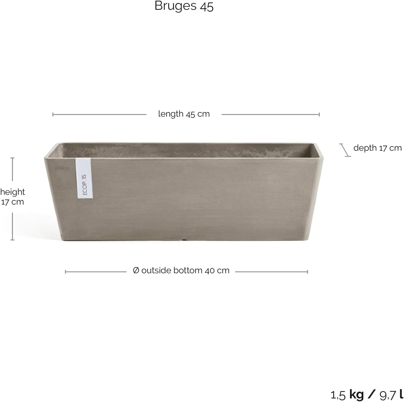 Ecopots Bruges Rectangular Flower Planter, Grey, 21.5" | Modern Style, Durable Recycled-Based Composite Construction, Weather and UV-Resistant, for Indoor/Outdoor Use
