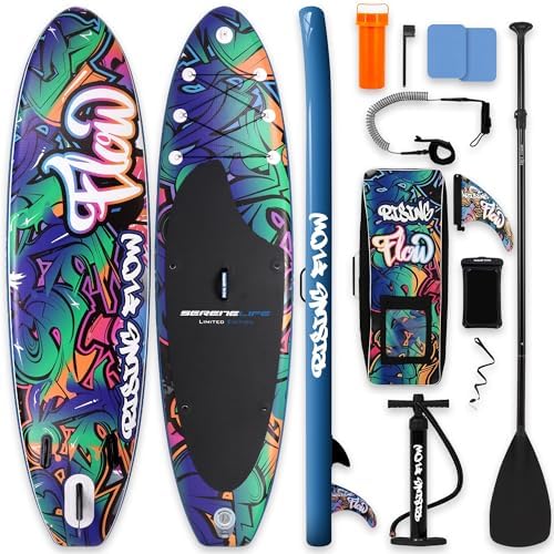 SereneLife 10’6” Inflatable Stand Up Paddle Board with Premium SUP Accessories - 32” Wide Stable Design with Non-Slip EVA Deck Pad