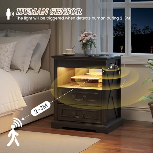 Dystler Nightstand with Hidden Gun Safe Drawer, Charging Station & LED Lights