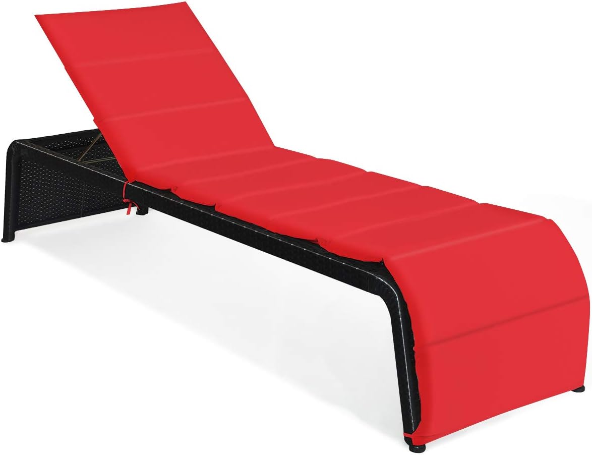 Tangkula Outdoor Chaise Lounge Chair, 5-Position Adjustable Rattan Recliner Chair w/Cushioned Seating and Adjustable Feet