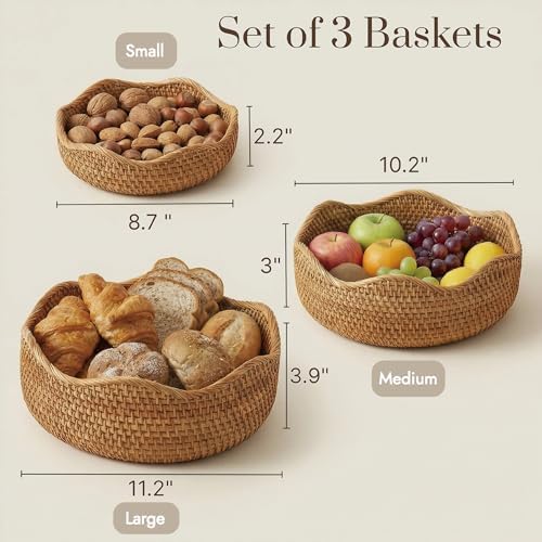 YANGQIHOME Rattan Bread Basket, Round Fruit Baskets, Wicker Storage Bowls, Natural Woven Serving Basket Bowls