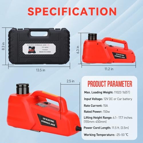 Trihelper Electric Car Jack 5 Ton 12V Floor Jack Hydraulic Jack Stand Car Lift Jack with Integrated Tire Pump for SUV Truck Sedan Vehicle Roadside