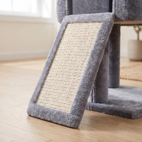 32" Cat Tree for Indoor Cats, 2-in-1 Cat House with Sisal Scratching Post & Ramp, 2-Level Cat Tower with Rotatable Feather & Ball Toys, Stable Grey Cat Condo for Small/Medium Cats, Grey