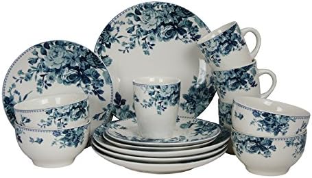 Elama Traditional Blue Rose 16 Piece Service for 4 Stoneware Dinnerware Set