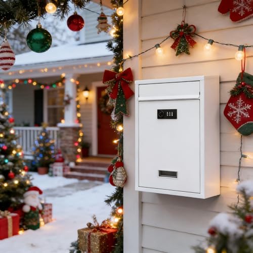 KYODOLED Mailbox for Outside, Wall Mount Locking Mailbox, Security Drop Box with Key Lock for Letters, Cash, Cards, Steel Mail Box for House Office School, 12.4H x 8.54L x 3.35W Inches, Black