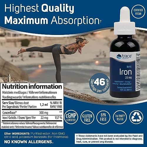 Trace Minerals Iron Liquid Supplement, 22 mg Ferrous Sulfate, 1.9 fl oz | Gentle on the stomach, High-absorption ionic form