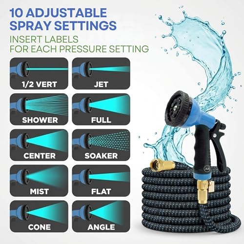 J&B XpandaHose 75ft Expandable Garden Hose, Lightweight, Brass Connectors | Ultra Strong 3750D fabric, 4-layer latex core, expands 3X, kink & leak-resistant, 10-pattern nozzle, storage bag
