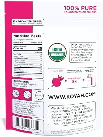 KOYAH - Organic Beet Powder, Freeze-Dried: 30 Servings | 1 Scoop = 1/2 Beet, Whole-Root Powder, 100% Pure Beetroot, No Additives