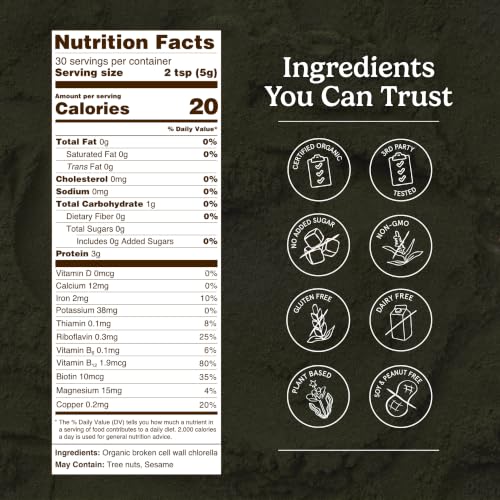 Organic Traditions Chlorella Algae Powder, Broken Cell Wall Formula, 5.3oz | Plant Based Protein and 9 Essential Amino Acids