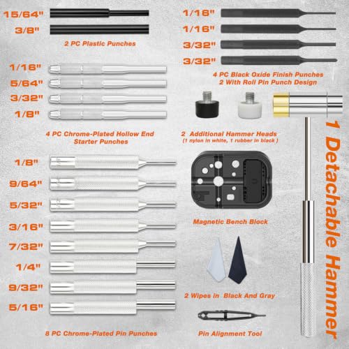 BESTNULE 24pc Punch Set and Hammer, Roll Pin Punch Set & Tweezers & Wipes