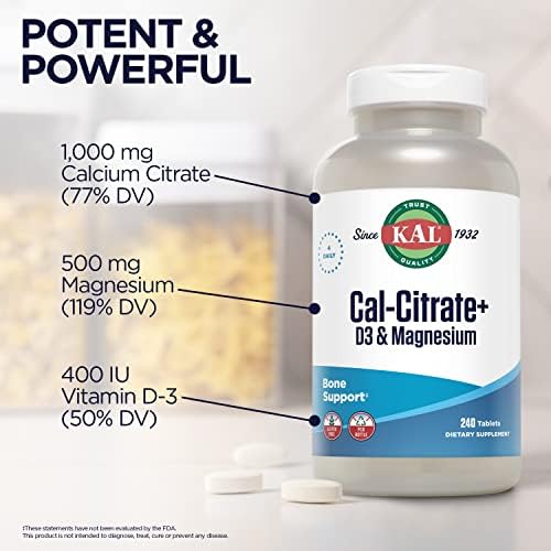 KAL Cal-Citrate+, Calcium Citrate Plus Vitamin D-3 and 500 mg of Magnesium, Healthy Bones and Teeth Support, Gluten Free and Lab Verified for Quality