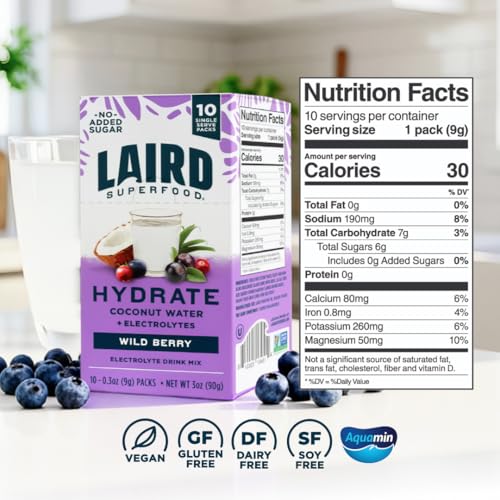 Laird Superfood HYDRATE Coconut Water Powder Drink Supplement with Coconut Water and Auqamin, All Natural, No Added Sugars, Gluten-Free, Non-GMO, Vegan, 8 oz. Bag, Pack of 1