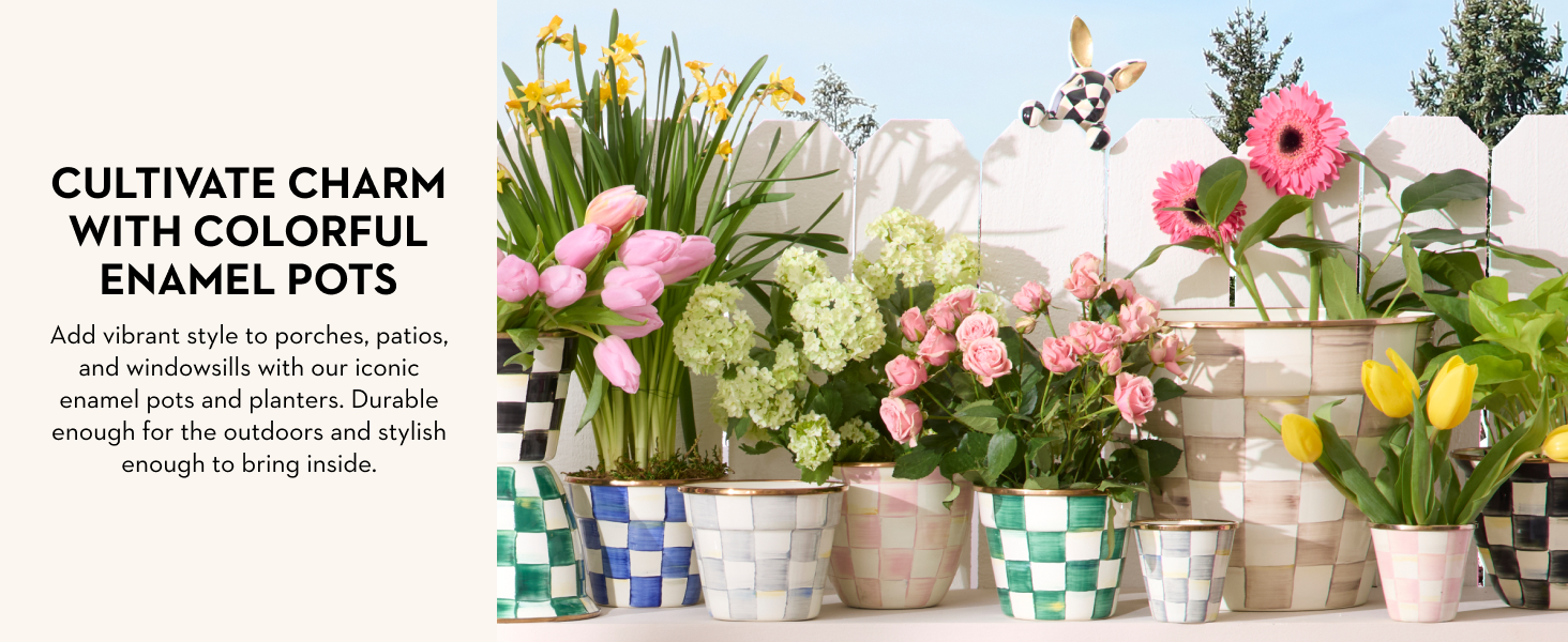 Mackenzie-Childs flowerpots. Text reads: Cultivate charm with colorful enamel pots.