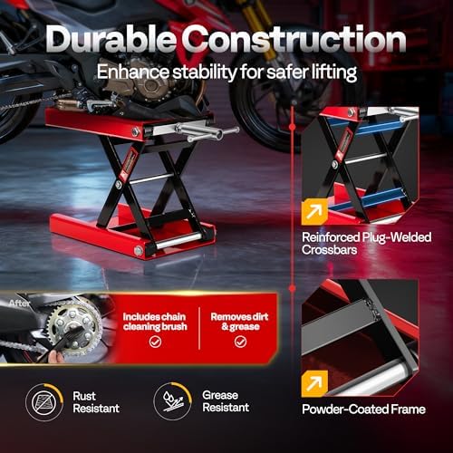 VIVOHOME 1100 LBS Motorcycle Lift Scissor Jack, Wide Deck Hoist Stand, Red | Height Adjustable Center Stand with Crank, Steel Lift for Cruiser, Dirt Bike, ATV