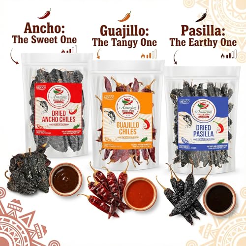 Dried Chile Peppers Variety Pack 12oz Ancho Guajillo Pasilla Mexican Chili